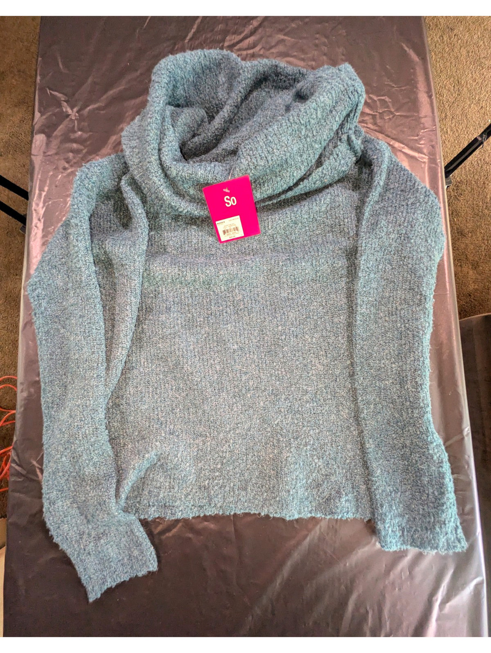 SO Bouclé Knit Cowl Neck Pullover Sweater Women's Size M Solid Blue Long Sleeve